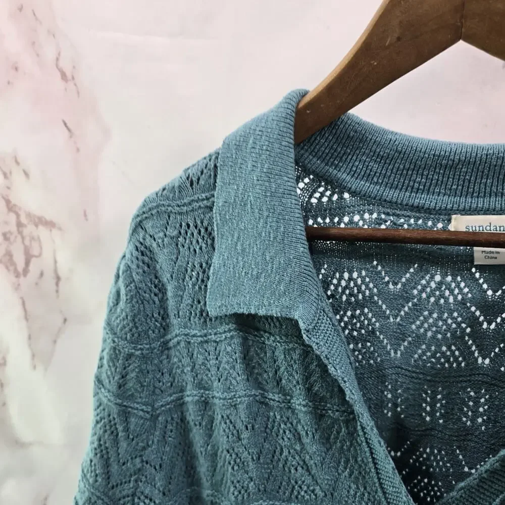 Sundance Sweater XXL 2XL Turquoise Polo V Neck Roslyn Pointelle